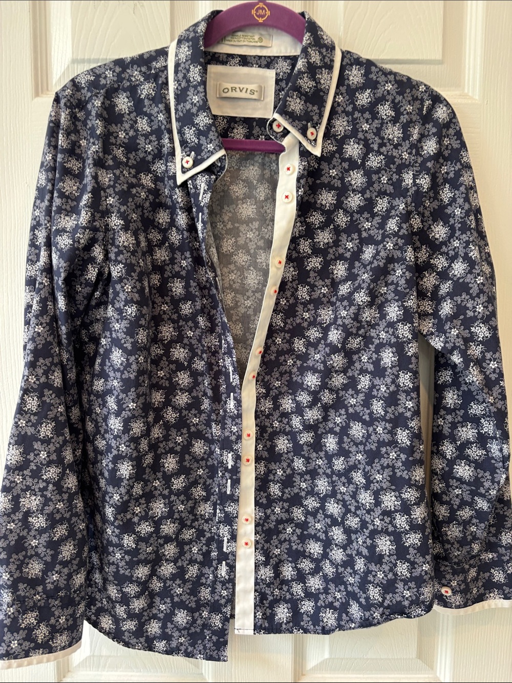 Orvis Navy & White Floral Button Down shirt with Red Stitching Detail